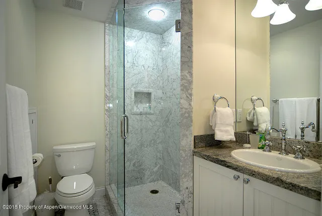 a bathroom with a granite countertop sink a toilet and shower