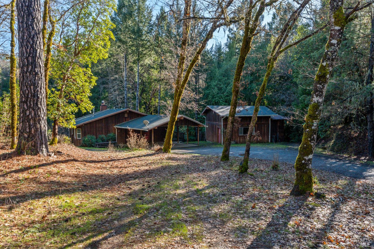 a view of a house with a yard and large trees
