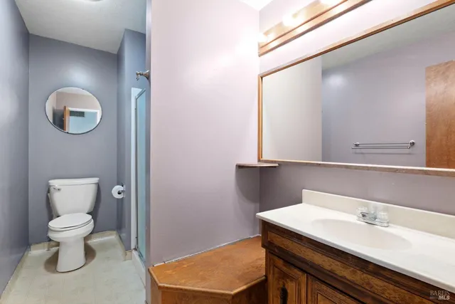 a bathroom with a sink a toilet and a mirror