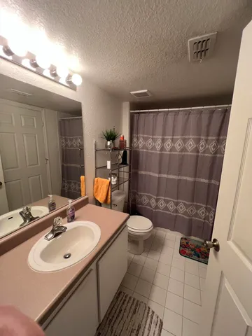 a bathroom with a sink a toilet a mirror and shower