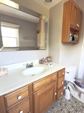 a bathroom with a sink a toilet and a mirror