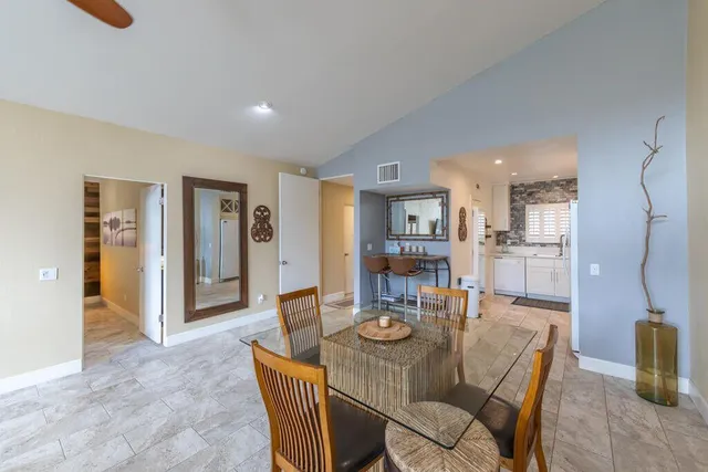 a view of a dining room with furniture