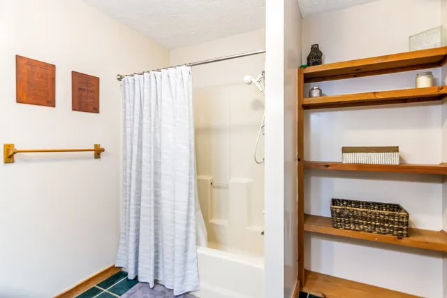a bathroom with a sink a mirror and a shower