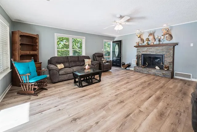 a living room with furniture and a fireplace