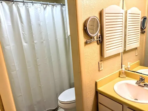 a bathroom with a sink a toilet a mirror and shower curtain