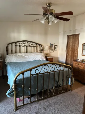 a view of a bedroom with furniture and a ceiling fan