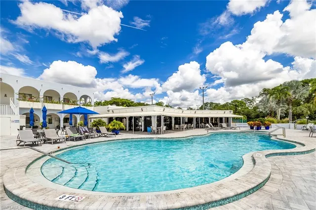 a view of a swimming pool with a garden and plants
