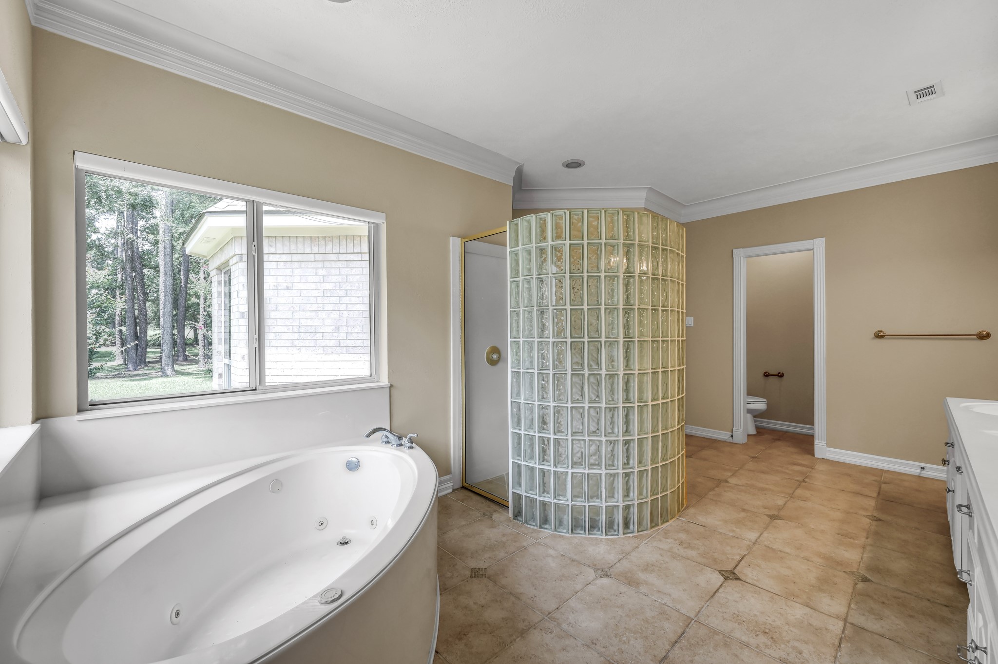 2205 Longmire Road Conroe, TX 77304 - Photo 24 of 49 Spacious bathroom with a large tub and glass block walk in shower,