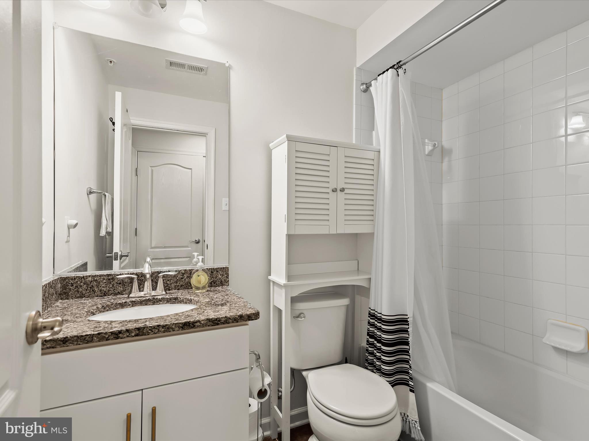 10508 Braddock Run Road Baltimore, MD 21220 - Photo 40 of 54 a bathroom with a granite countertop sink toilet mirror and a shower