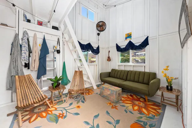 a living room with patio couch and a potted plant