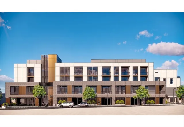 a front view of a building with street view