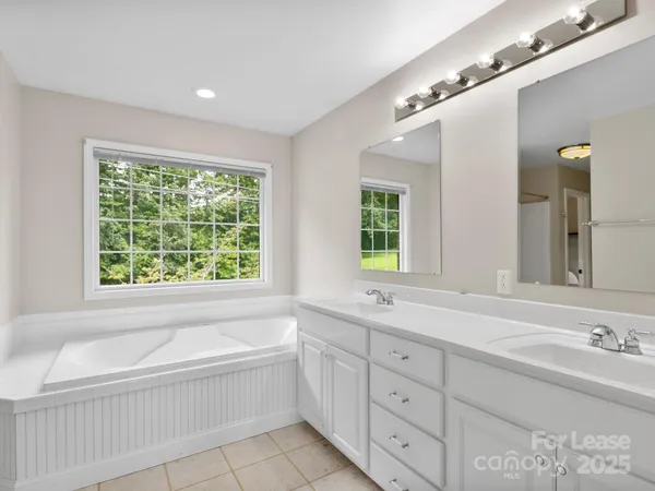 a bathroom with a granite countertop tub a double vanity sink and a large mirror