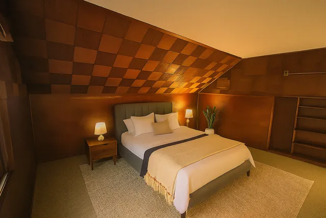 a bedroom with a bed and a chair