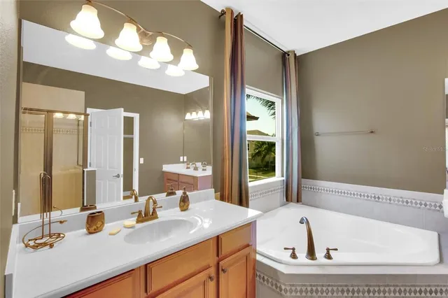 a bathroom with a tub sink and mirror