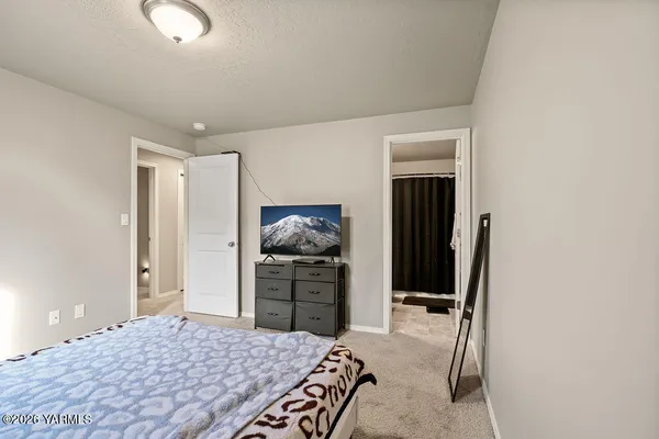 a bedroom with a bed and a flat screen tv