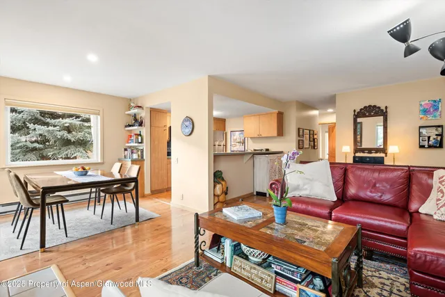 a living room with furniture a rug and kitchen view