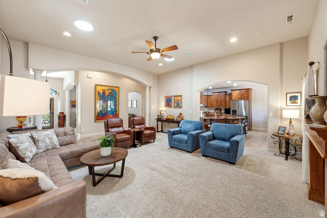 1609 East 10 S Street St. George, UT 84790 - Photo 17 of 68 Spacious living area featuring vaulted ceilings, recessed lighting, and a ceiling fan