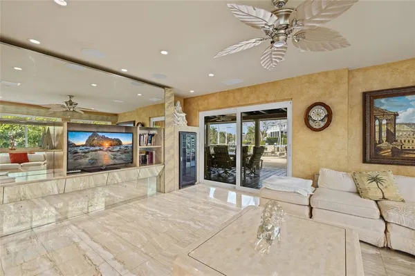 a lobby with furniture and window