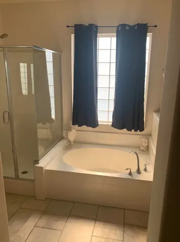 a bathroom with a bathtub and a shower