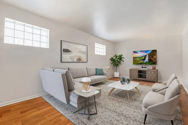 a living room with furniture potted plant and a window