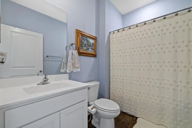 a bathroom with a sink mirror and toilet