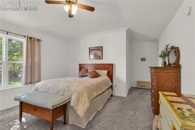 a bedroom with a bed and dresser with mirror