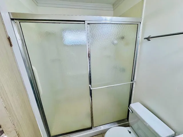 a bathroom with a shower and toilet