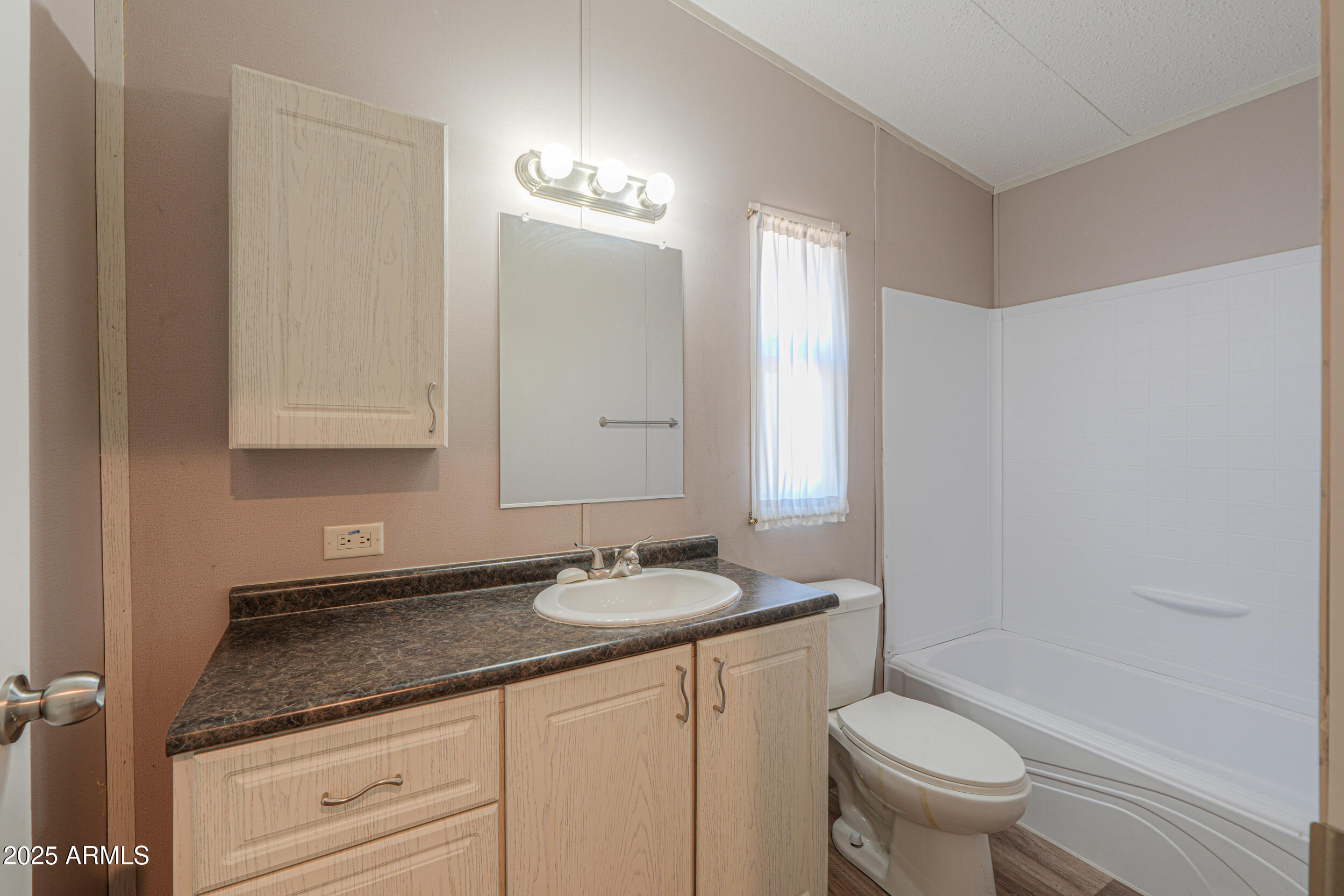 11091 North Garduno Road Maricopa, AZ 85139 - Photo 18 of 51 a bathroom with a granite countertop sink a toilet a mirror and shower
