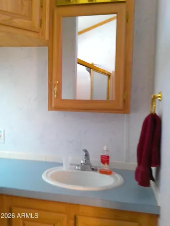 a bathroom with a sink and a window