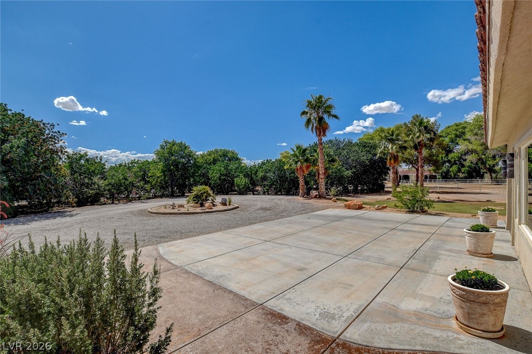 1950 Bowman Road Logandale, NV 89021 - Photo 48 of 81 A spacious concrete patio and expansive gravel driveway create a welcoming entry to this property, surrounded by mature trees.