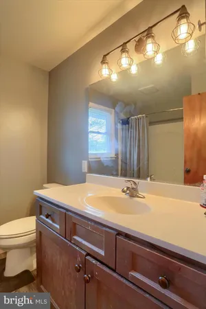 a bathroom with a sink a toilet and a mirror