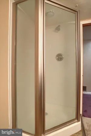 a bathroom with a glass shower door