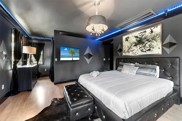 a bedroom with a bed and a flat screen tv