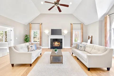 a living room with furniture and a fireplace