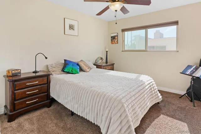 a bedroom with a bed and a ceiling fan