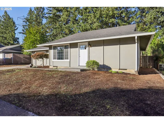 a backyard of a house with potted plants and large tree