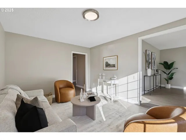 a living room with furniture a rug and a potted plant