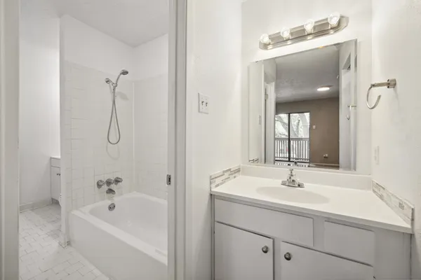 a bathroom with a tub sink and mirror