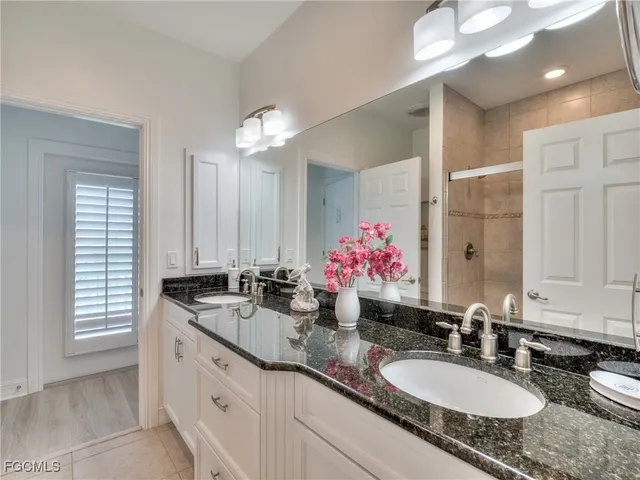 a bathroom with a granite countertop shower sink and mirror