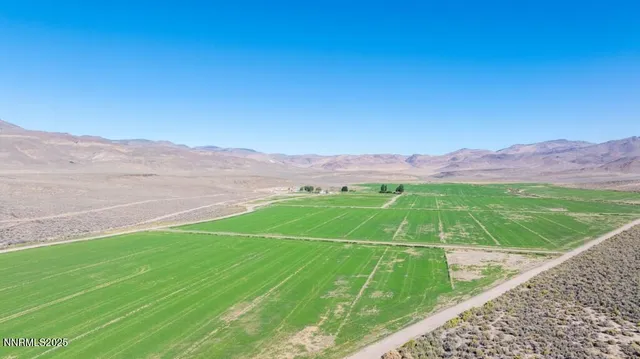 a view of a field with a mountain in the background
