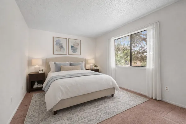 a bedroom with a bed and a window
