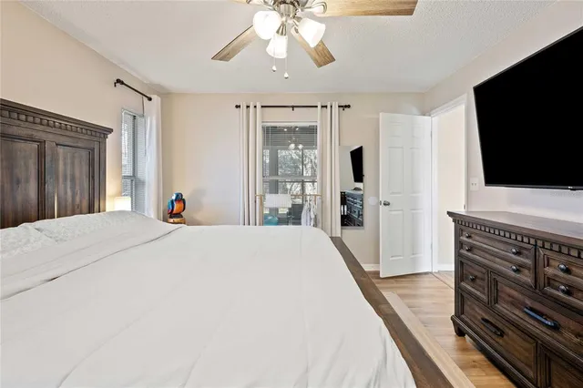 a bedroom with a bed and a flat tv screen on dresser