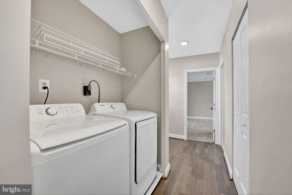 a view of washer and dryer with wooden floor