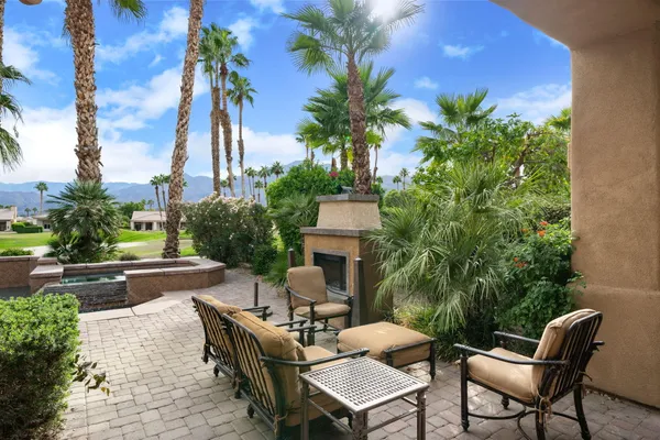 a building outdoor space with patio furniture