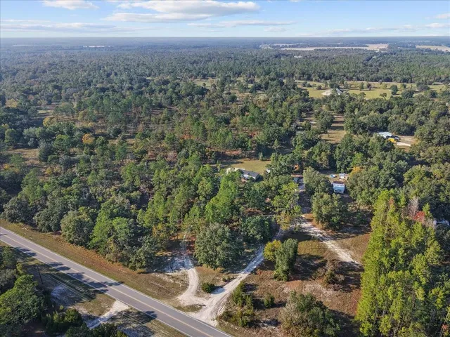a view of a yard with large trees