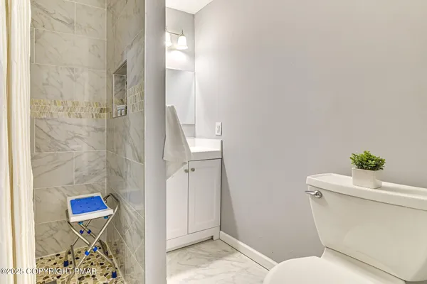 a bathroom with a toilet and a shower
