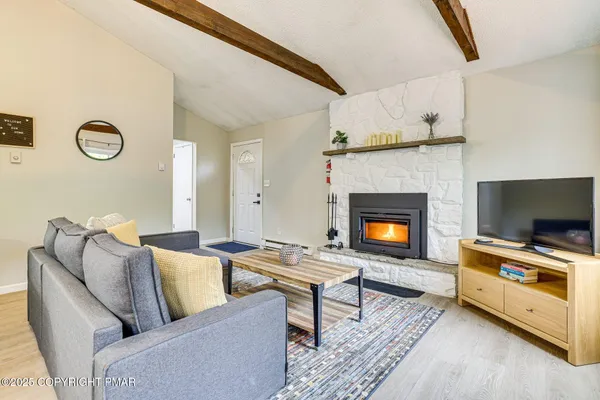 a living room with furniture and a fireplace or television