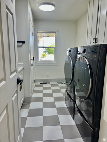 812 East Bates Cyn Road Tooele, UT 84074 - Photo 47 of 144 Laundry area featuring checkerboard flooring, white shaker cabinetry, a built-in countertop, a window with white trim, and a flush-mount ceiling light