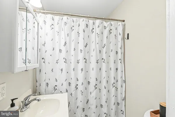 a bathroom with a shower curtain and a sink
