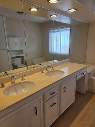 a bathroom with a double vanity sink and a mirror